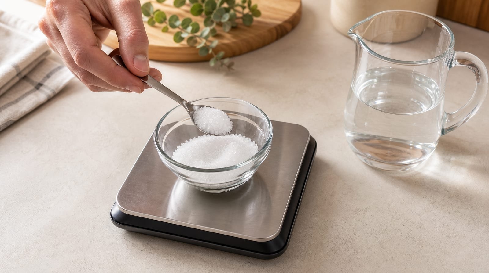 A close-up kitchen-counter scene shows an adult hand holding a small metal spoon filled with white crystals over a plain